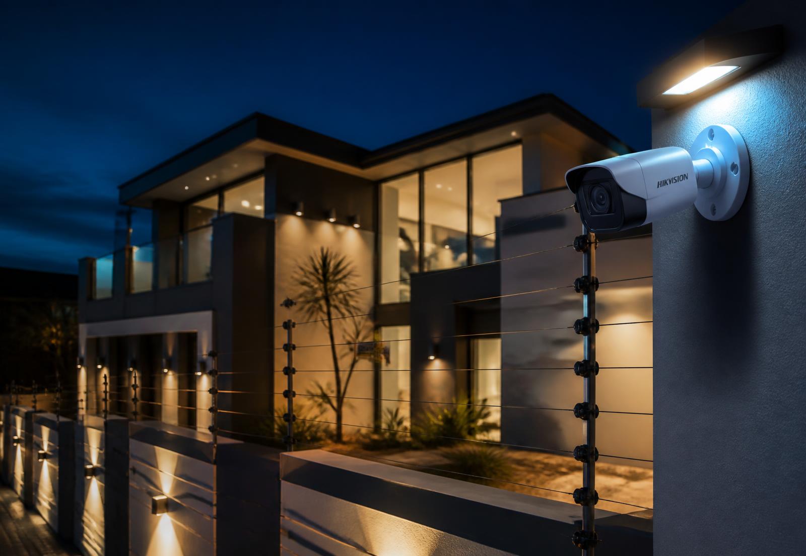 Security camera and electric fencing protecting a modern home at night